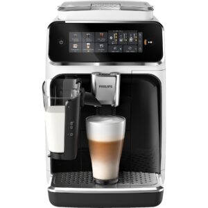 PHILIPS EP3343/50 Serie 3300 LatteGo 5 Kaffeespezialitäten Kaffeevollautomat Weiss, Klavierlack-Schwarze Arena, Edelstahl Abtropfschale